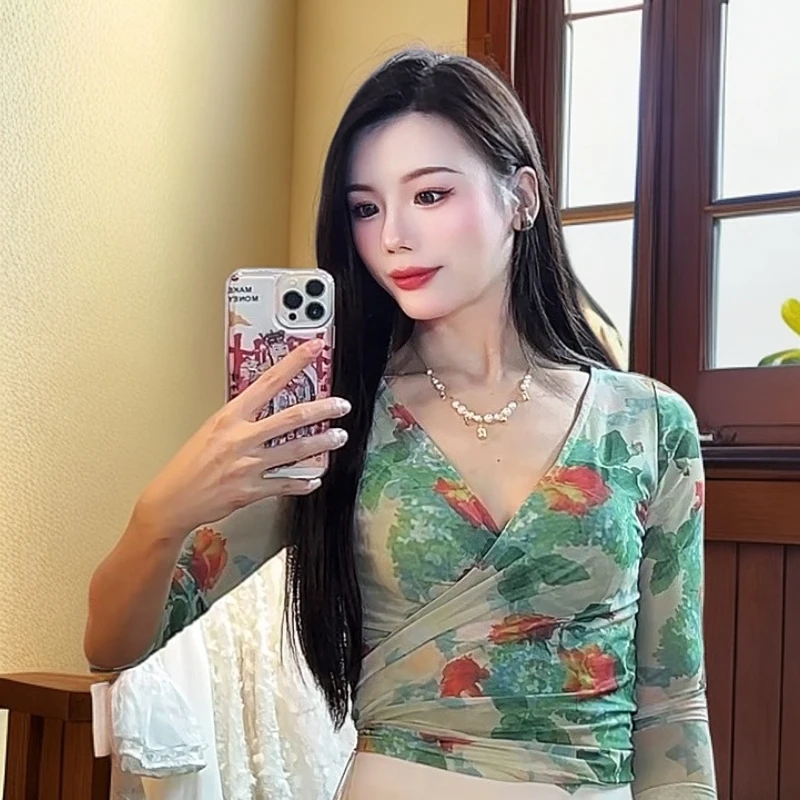 【拾一家】#1005 蜜悦 绿色碎花v领气质轻熟风网纱显瘦