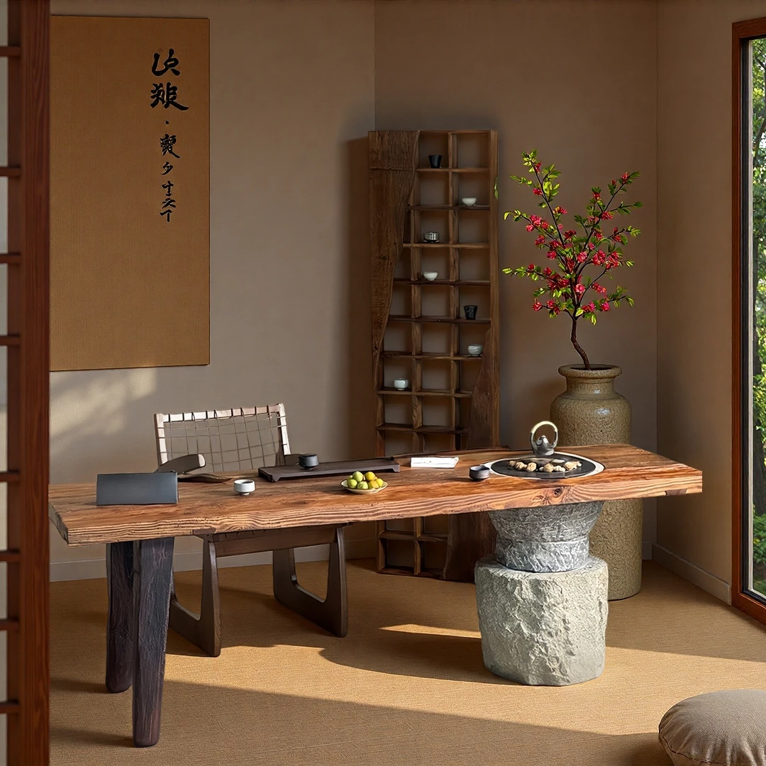 原木大板茶桌茶台风化老木民宿餐桌设计师石头石木茶室泡茶桌