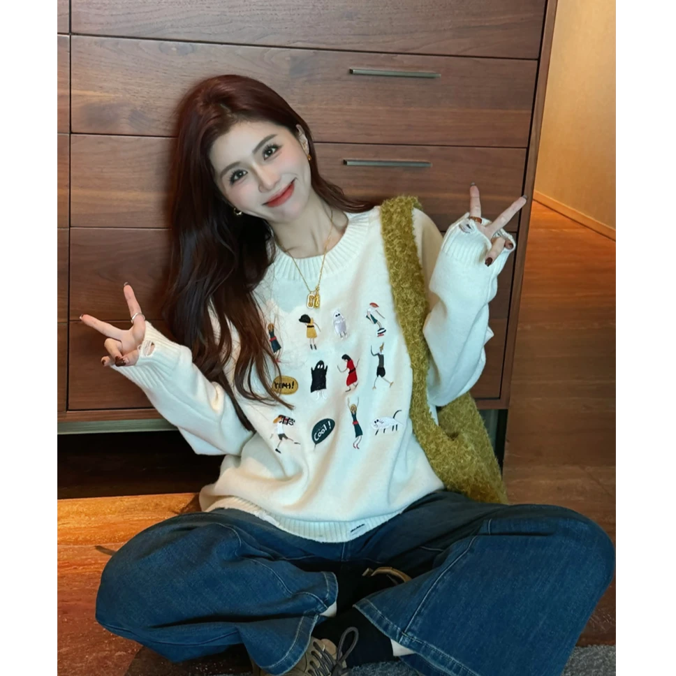 YPP!【插画刺绣毛衣】韩系趣味重工刺绣圆领套头纯色针织衫