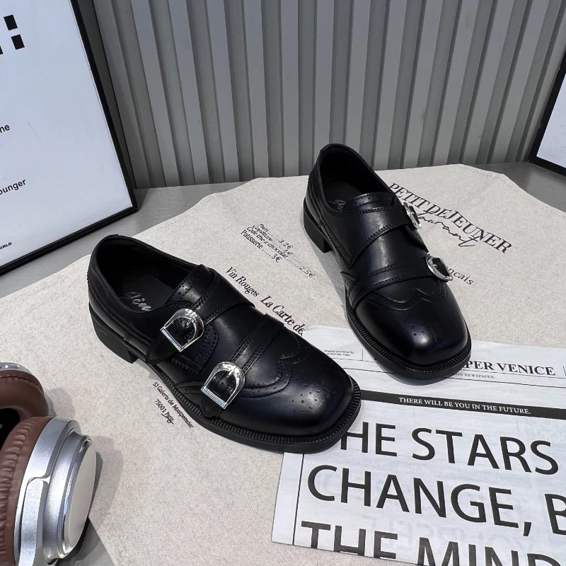 欧货新款乐福鞋搭扣双绑带设计气质百搭巨显小时尚布洛克增高女鞋