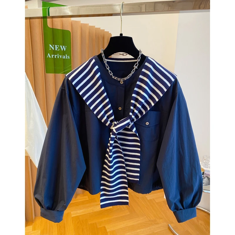 韩版条纹披肩衬衫女长袖2025新款宽松休闲百搭短款衬衣外套上衣秋