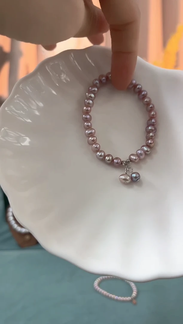 银S925镶嵌手绳淡水珍珠近圆珠弹力绳手串