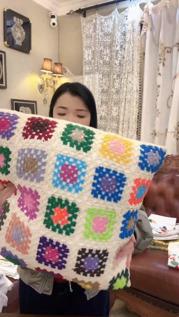 棉彩色钩针抱枕套一对