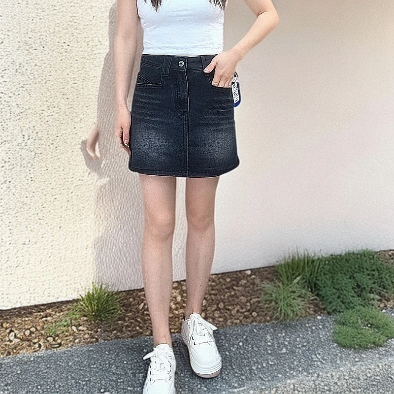 高腰a字牛仔半身裙女黑色2025新款牛仔裙百搭小个子防走光裙子