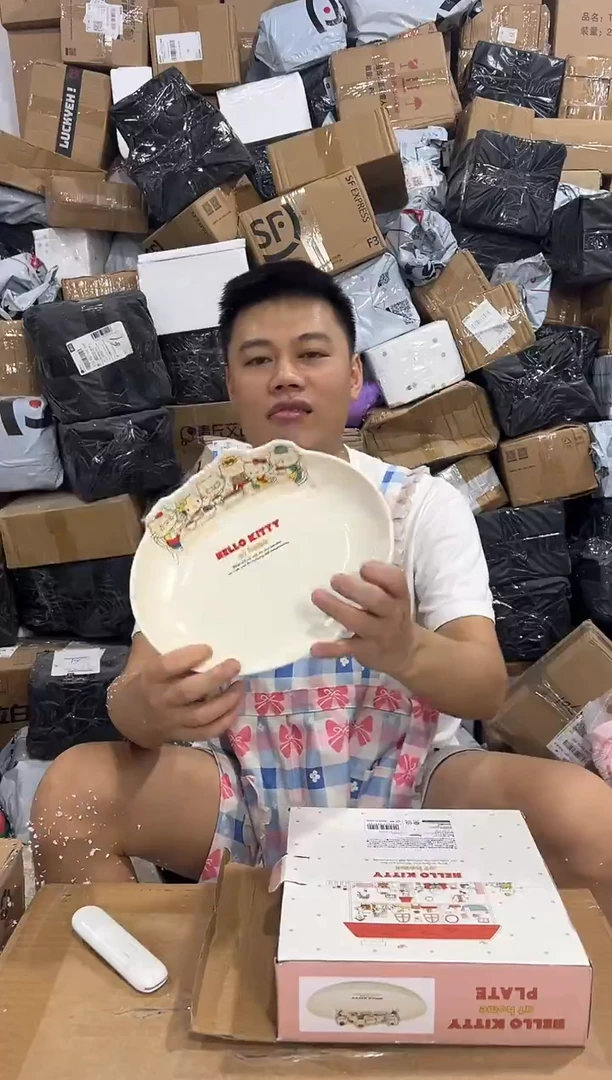 瓷片原盒kt猫一家人餐盘
