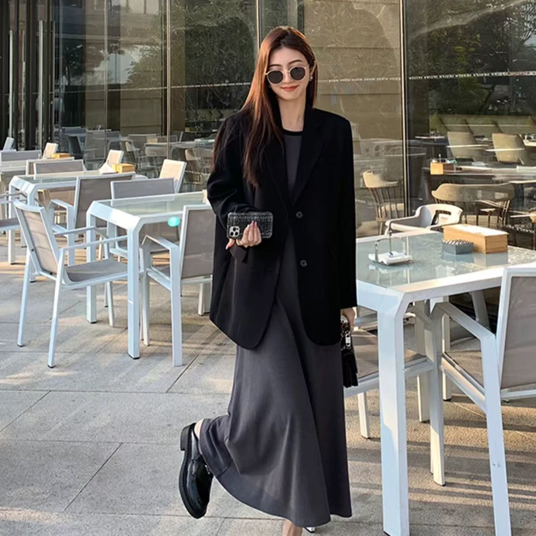黑色长袖西装外套女春季新款韩版设计感开叉宽松休闲西服2552