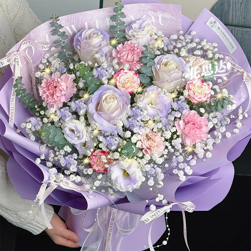 【温柔坚定】6枝粉康乃馨喷色白玫瑰混搭花束生日鲜花送女友老婆母亲节礼物鲜花小时达同城配送