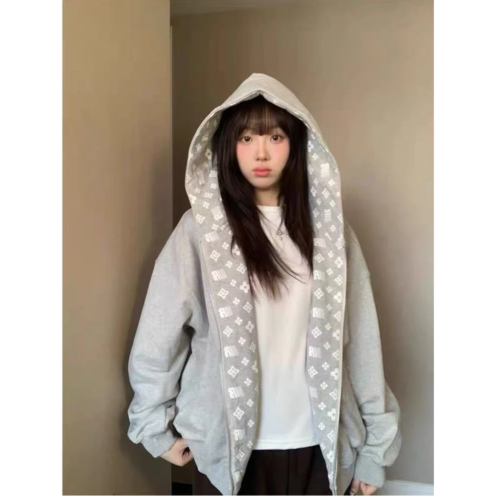 【UBKA】美式复古刺绣开衫拉链卫衣女春秋宽松连帽外套oversize上衣