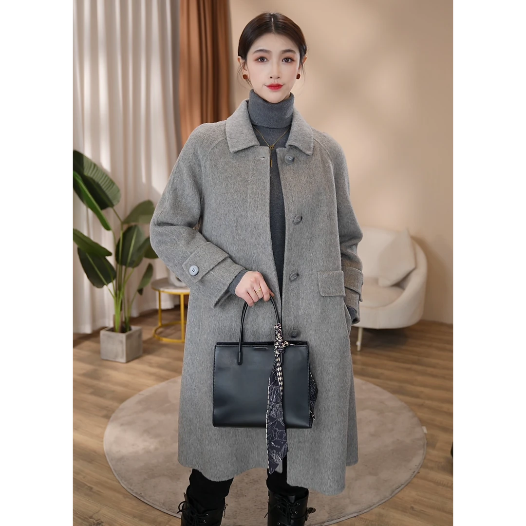 【曼贝】纯澳毛100%双面毛呢大衣女新款高端轻奢定制8384007【佳莹】