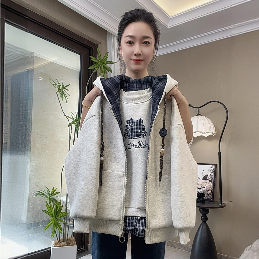 女童夹棉加绒加厚外套秋冬2025新款洋气儿童棉衣中大童连帽卫衣