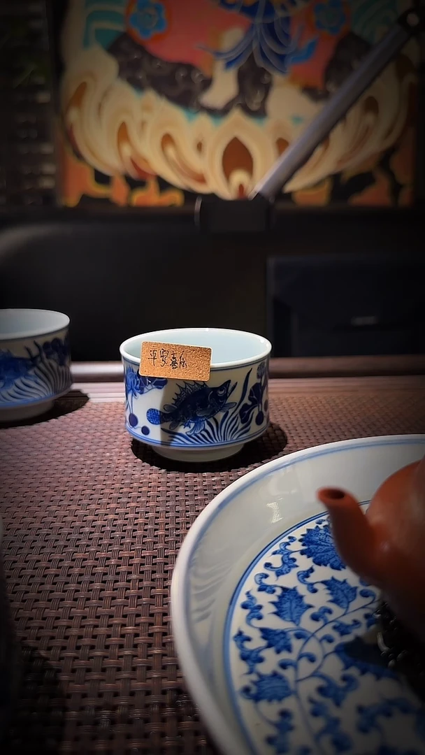 主人杯平**樂直筒鱼藻纹手工手绘主人杯