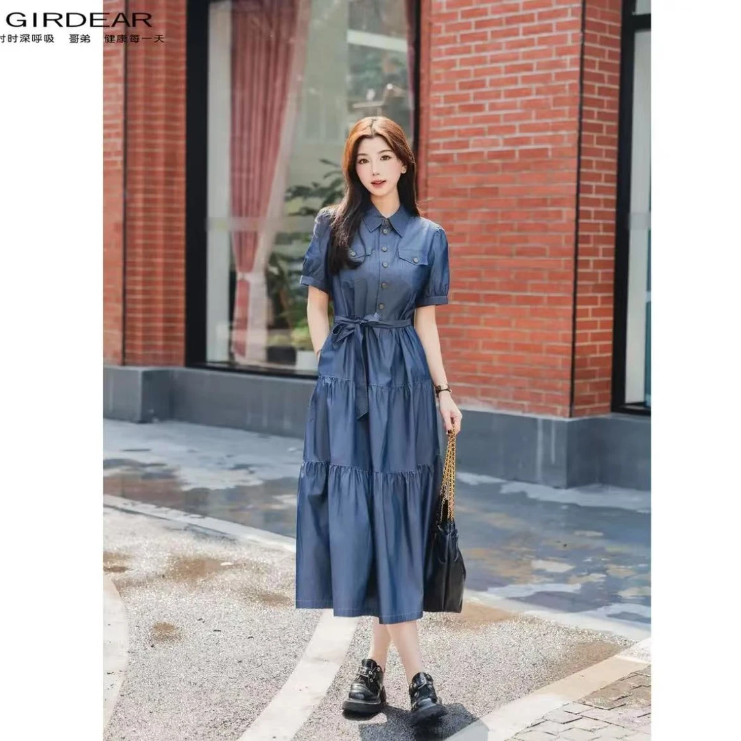 GIRDEAR/哥弟新款仿牛仔花纱风衣布感带袖连衣裙（附腰带）150001