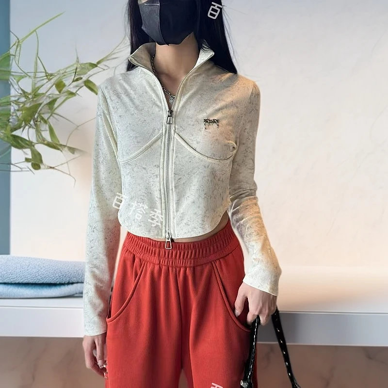 工厂店-设计感甜辣风格秋季新款显瘦修身拉链运动双拉链开衫