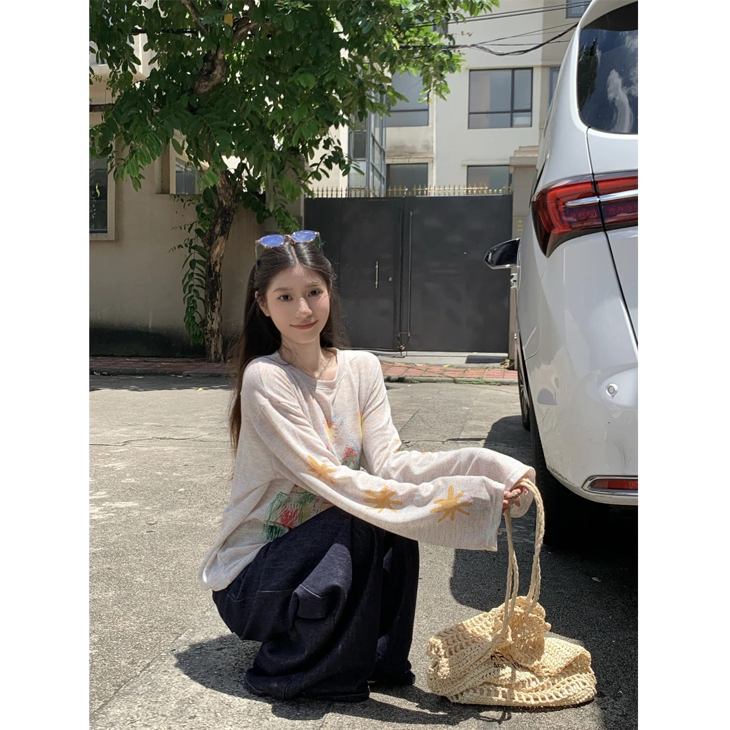国潮牌彩色手绘涂鸦防晒罩衫女夏季薄纱设计感小众宽松慵懒风上衣