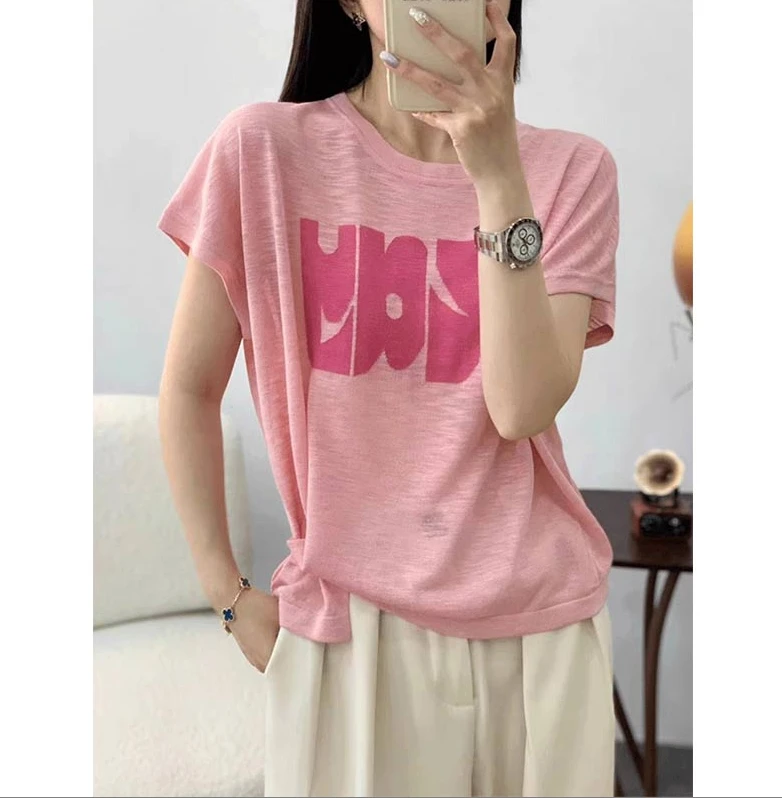 冰丝针织短袖t恤女夏季新款宽松休闲百搭体恤气质不规则字母上衣