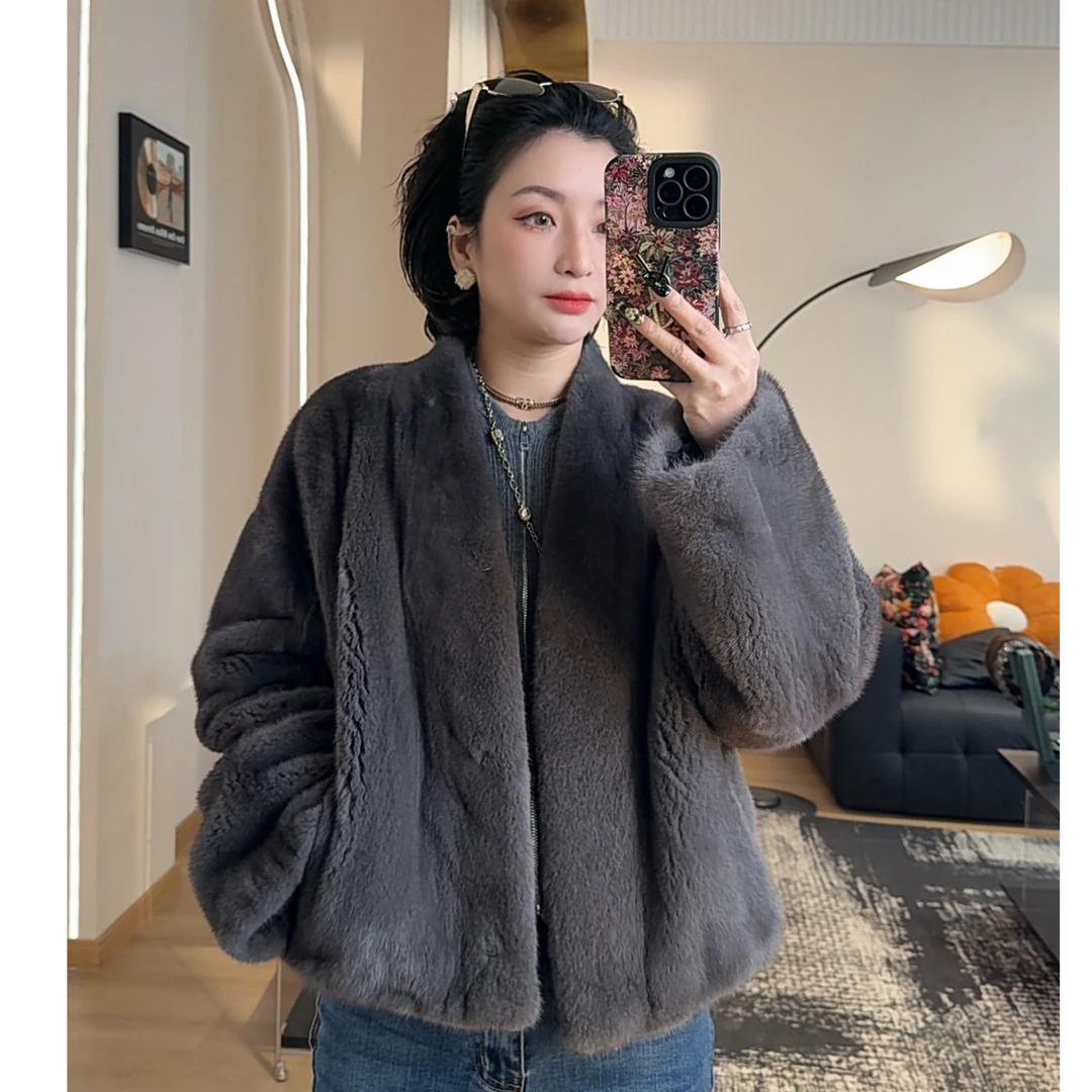 QISHI 哥本哈根紫金短2天鹅绒格雷灰十字水绍V领短外套皮草女整貂
