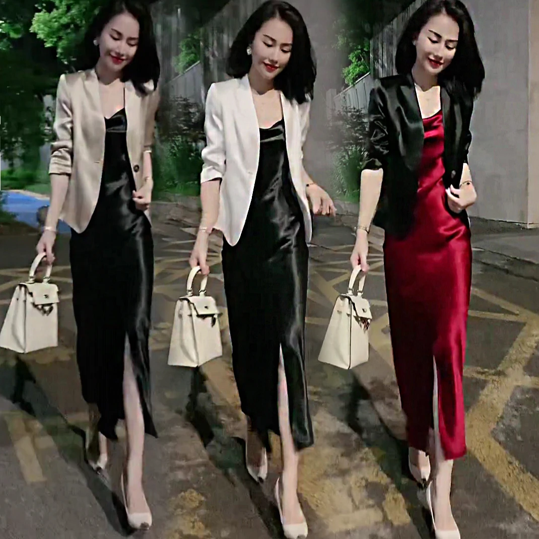 网红爆款时尚气质外套+连衣裙套装韩版宽松洋气通勤轻职风高级感