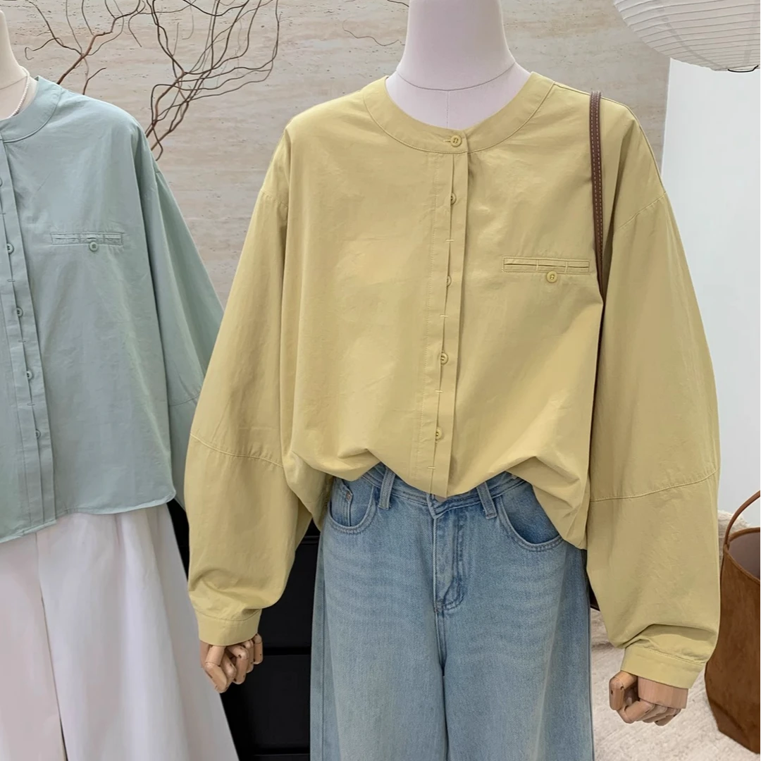 1081春季新款韩系简约纯色长袖衬衫女简约通勤百搭圆领衬衣外套