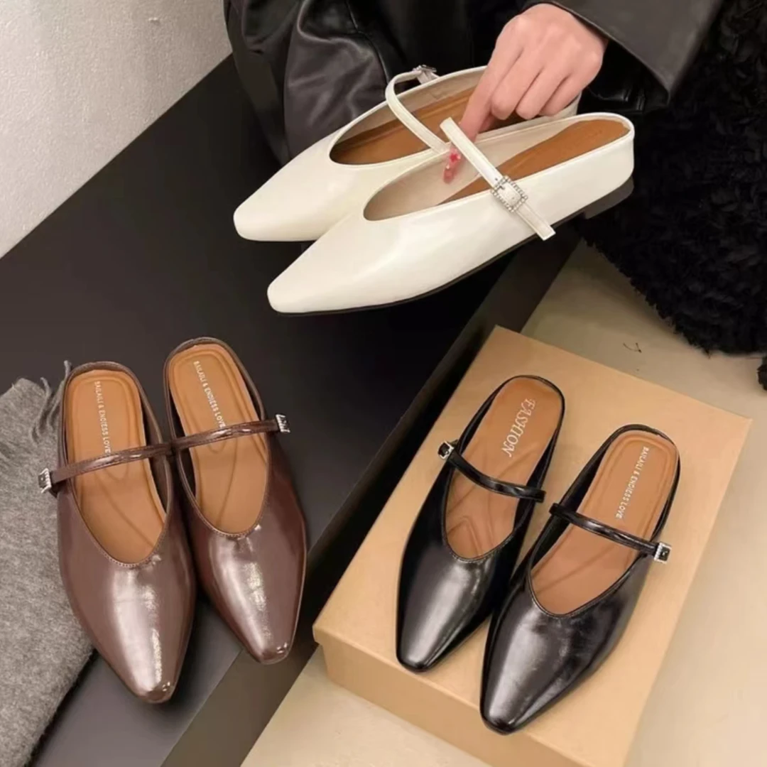 188 浅口包头平底纯色韩版瘦脚包头拖百搭春夏复古方头中跟女凉鞋