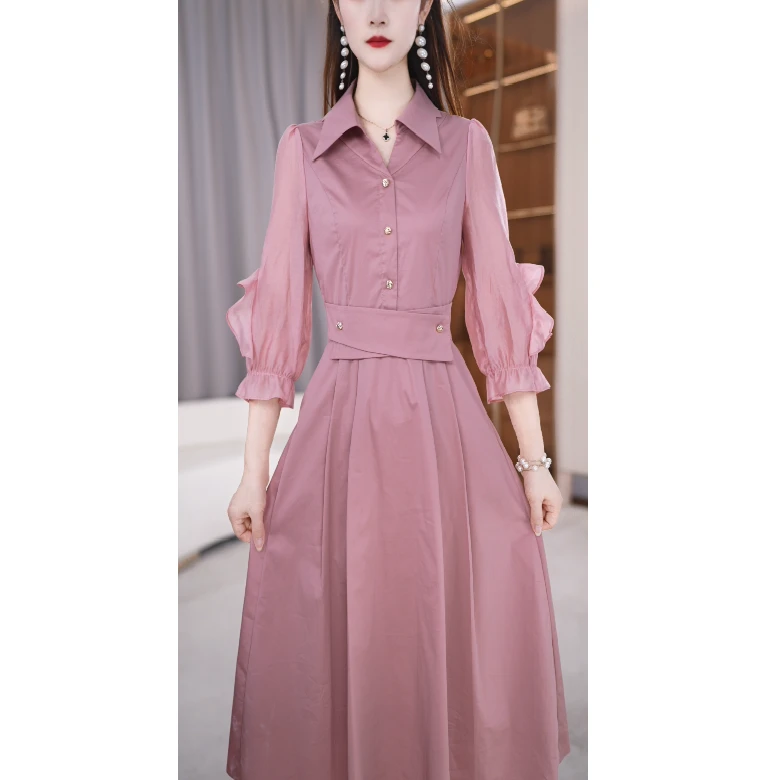 【连衣裙】夏季新款Polo领时尚纯色气质收腰显瘦通勤连衣裙M-4XL