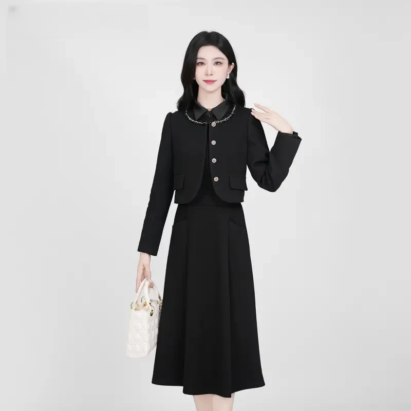 【两件套】法式气质设计感高腰时尚修身显瘦长袖女连衣裙套装TX0160