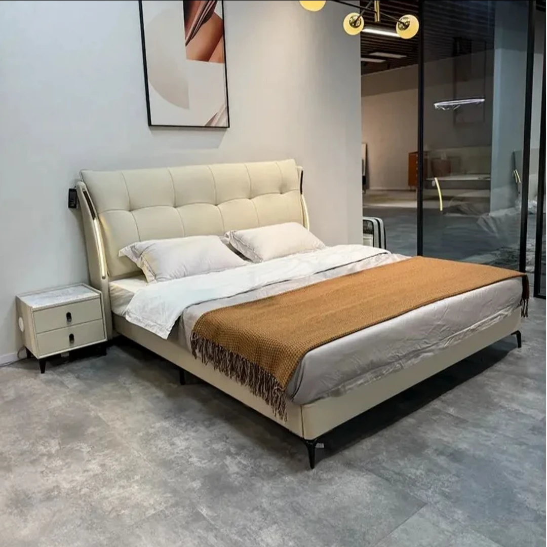 主卧大床轻奢真皮床1.8米现代简约双人床储物主卧婚床#588