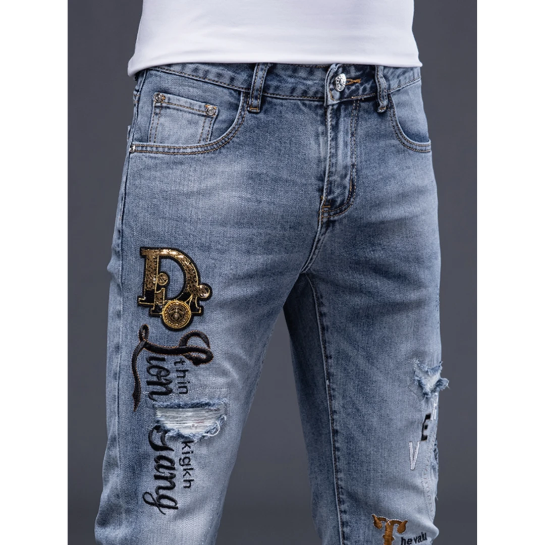 男士夏季破洞牛仔裤男修身小脚潮牌刺绣百搭潮流裤子帅气男款显瘦