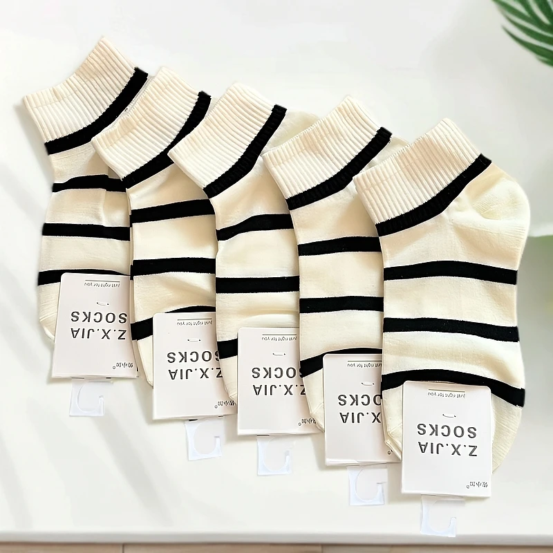 男女同款情侣袜春夏薄款ins潮百搭短筒黑白条纹棉袜夏季学院风