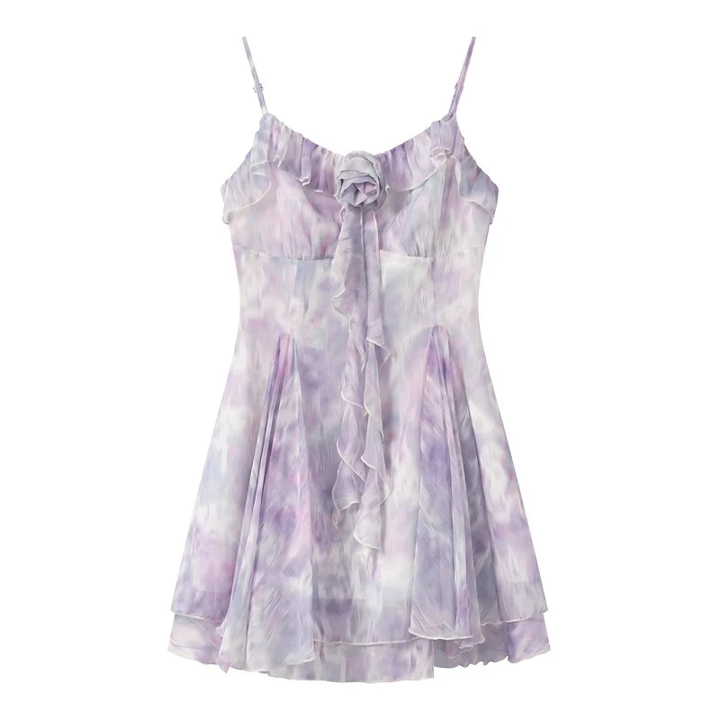 紫色喇叭袖开衫碎花吊带裙春夏氛围感女连衣裙8828