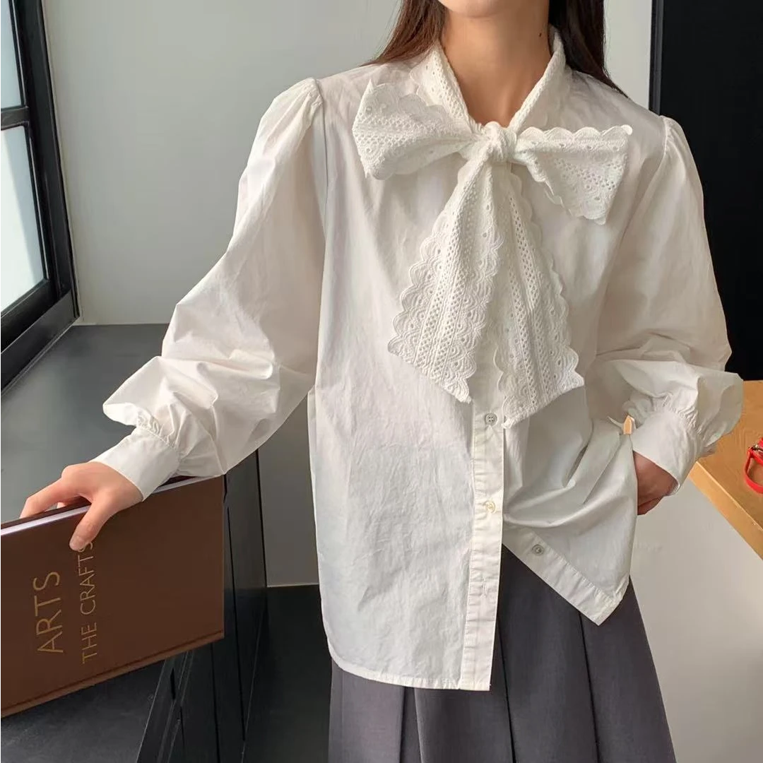 FUJIA STYLE新款气质休闲韩版简约蕾丝领长袖衬衫C95031