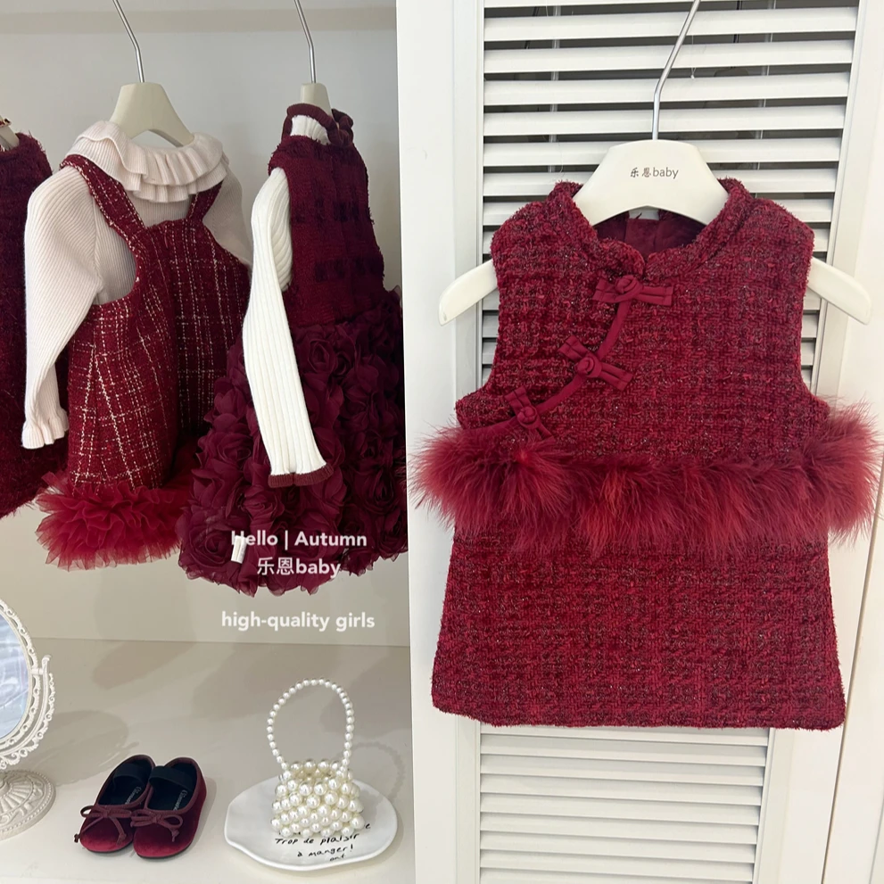 现秋冬【乐恩童装】女童冬新年衣服红色旗袍加绒背心裙礼服裙时髦