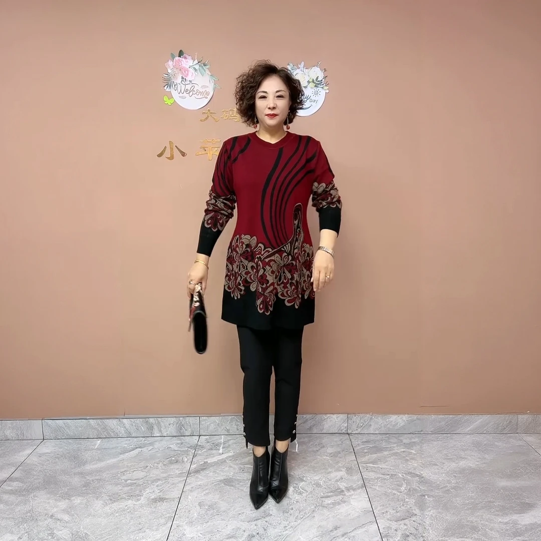 7160中年妈妈时尚针织大版衫宽松遮肚子中长款弹力大码打底毛衣裙