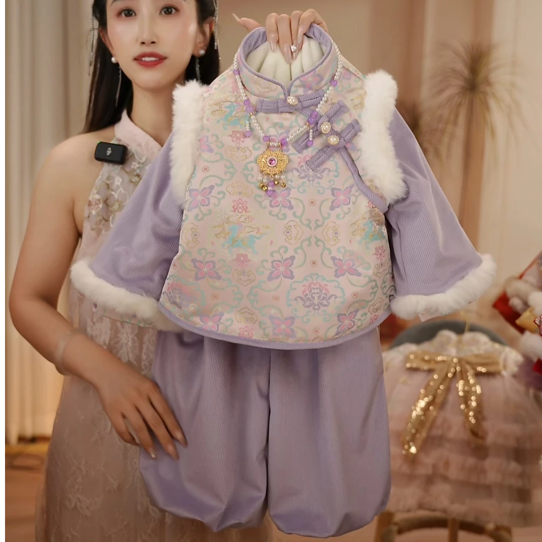 现货 紫鸢（不带挂饰）SC554女童冬季加绒加厚刺绣外套灯笼裤两件套