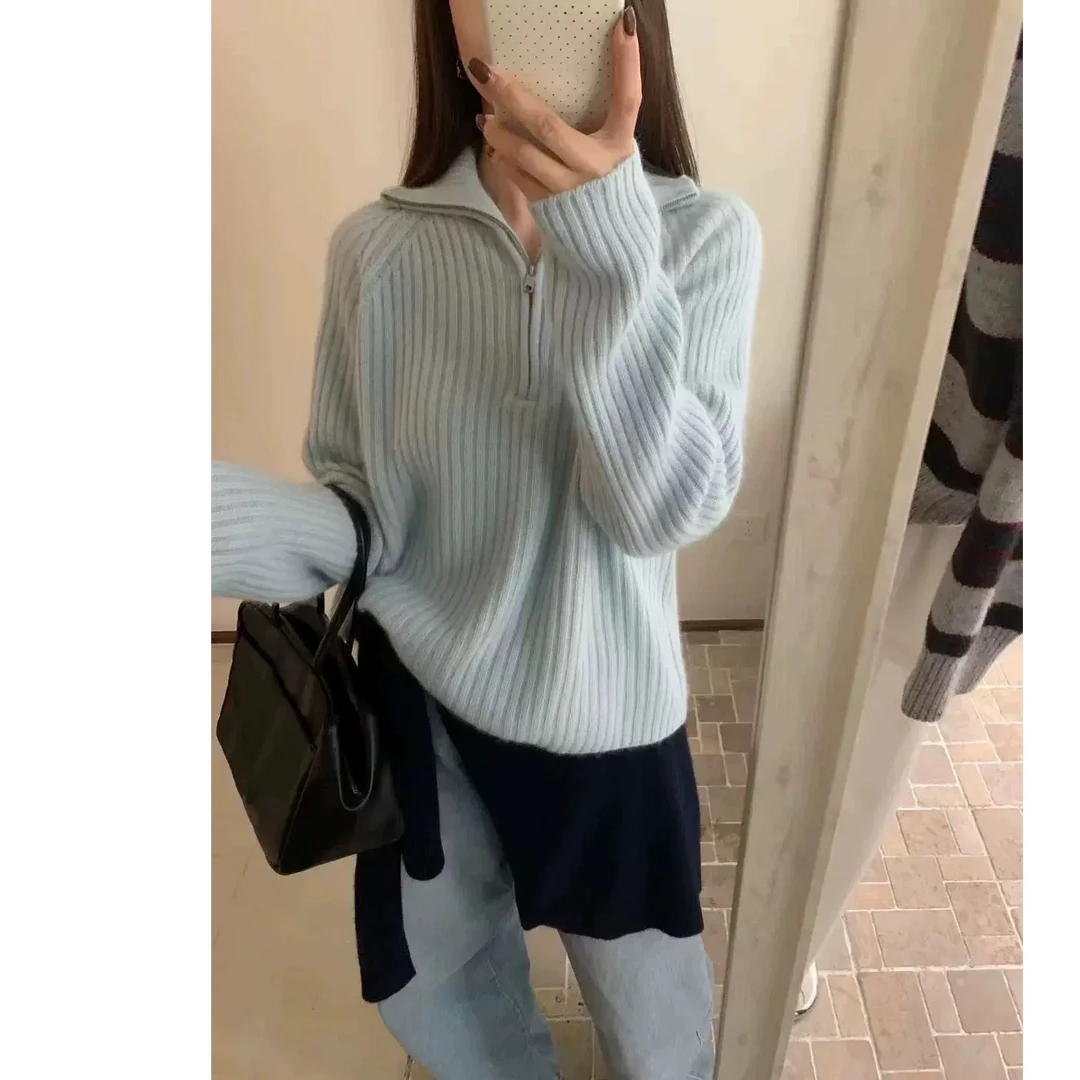 【运费补贴】浅蓝色女半拉链时尚百搭毛衣针织衫开衫显瘦外套