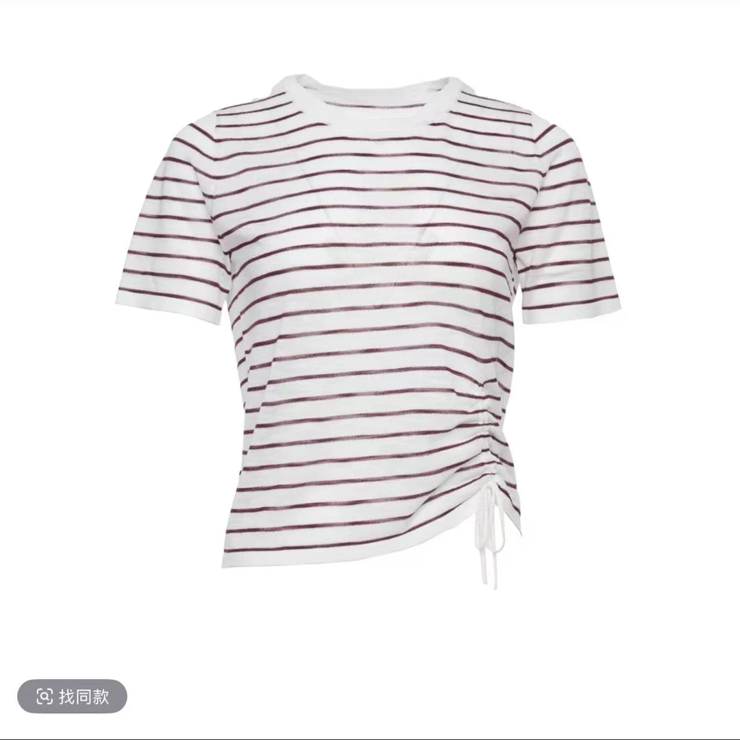GEJIN/歌锦2025夏季新款时尚抽褶条纹圆领针织T恤9222560297