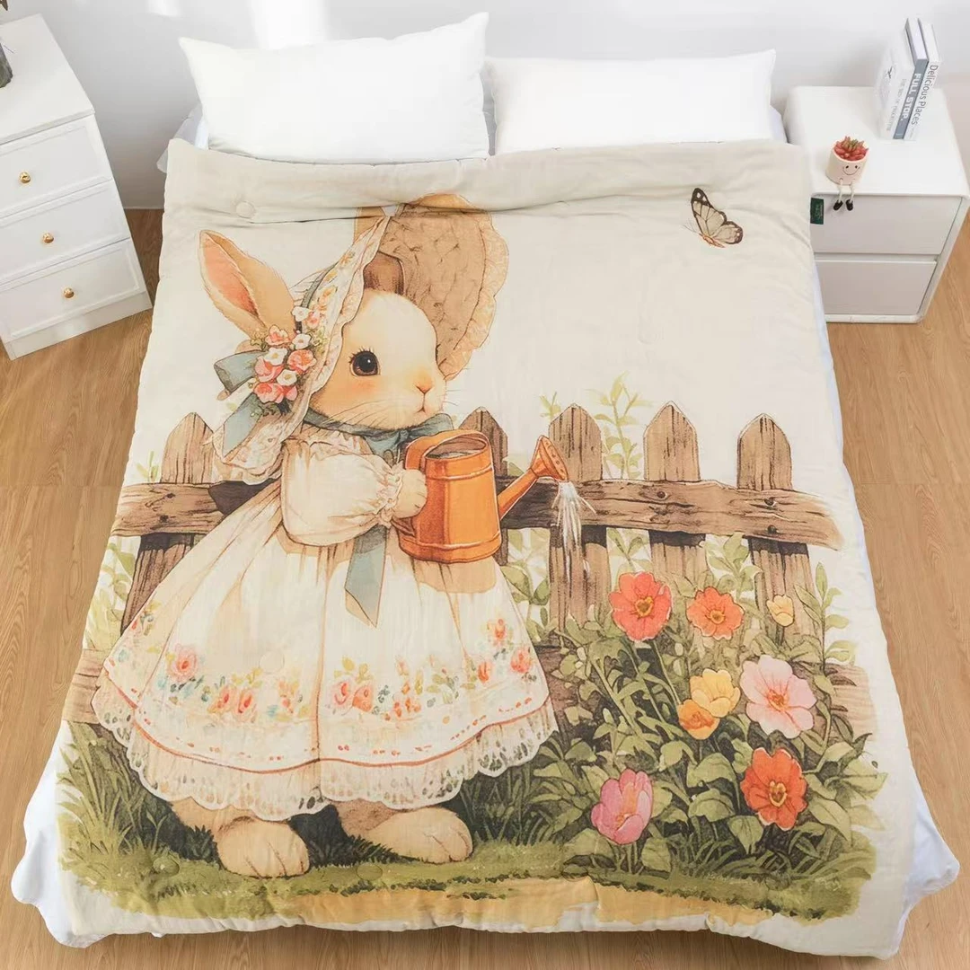 【温暖居家】双层纱印花被120*150cm-田园小兔