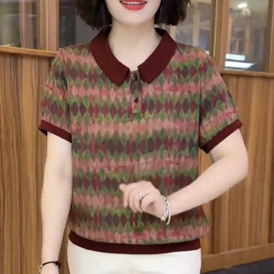 2025短袖t恤女士条纹翻领百搭休闲夏季时尚中年妈妈半袖小衫