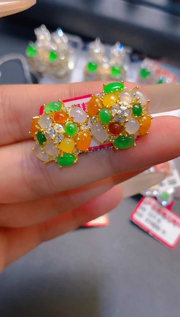 翡翠银S925镶嵌耳饰天然