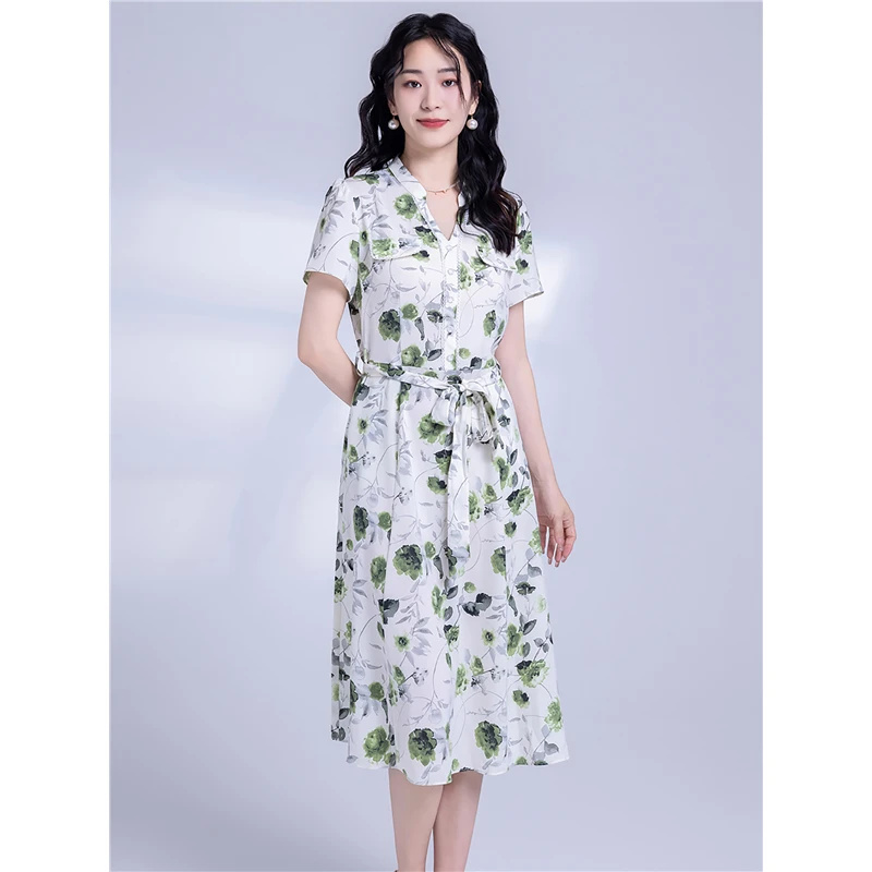 L9090夏季新款女装V领收腰显瘦碎花连衣裙时尚洋气优雅中长款