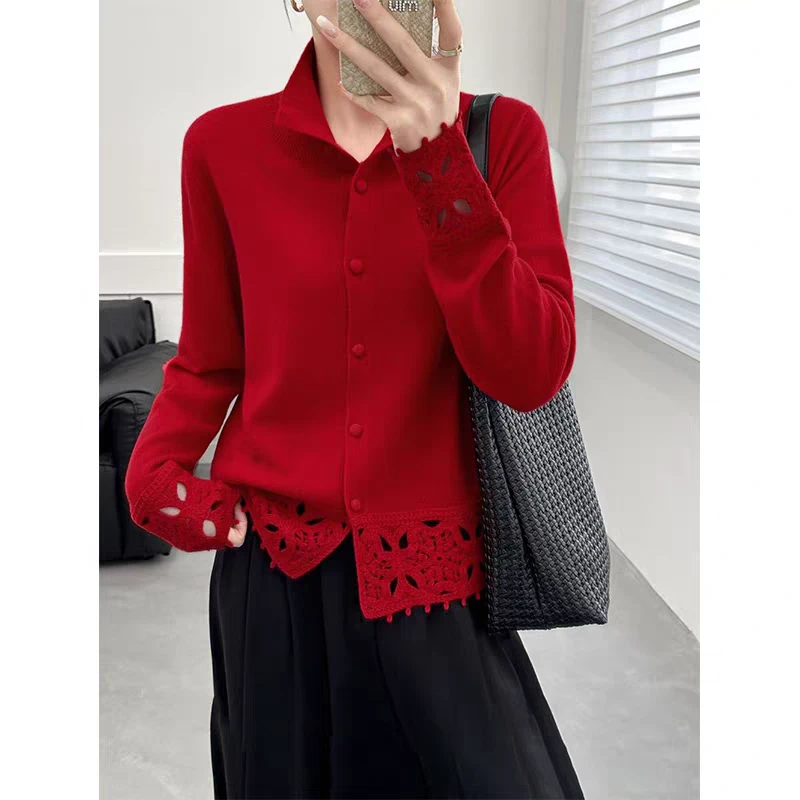 100%纯羊毛设计感镂空宽松型女装花边云朵羊毛开衫显瘦羊毛开衫