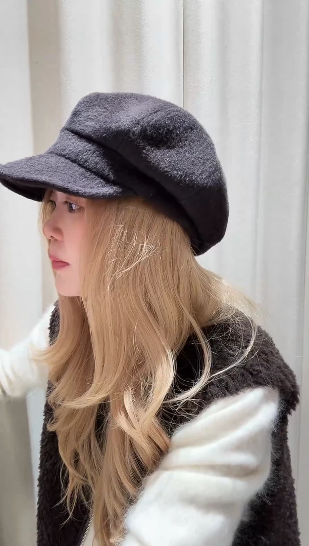 羊毛黑棕毛绒高顶报童帽-m