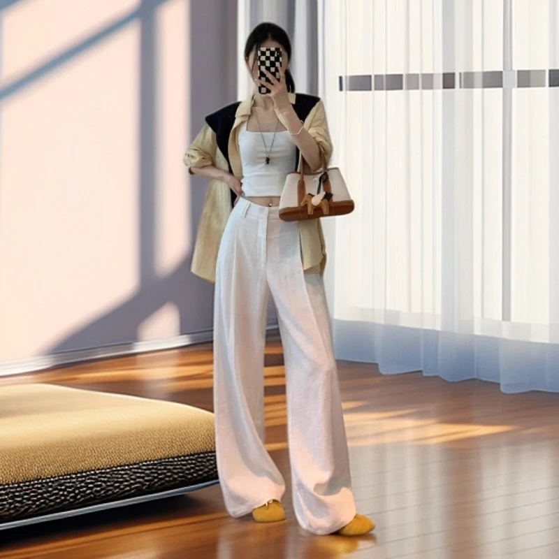【雅岚女装】时尚洋气显瘦老钱风白色亚麻阔腿裤女夏薄款百搭休闲裤