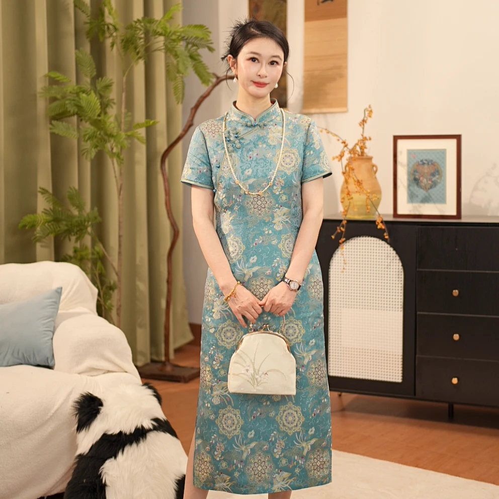 【贺贺·蓝·凤凰宝相花】新中式桑蚕丝新中式立领宋锦旗袍夏季J6072