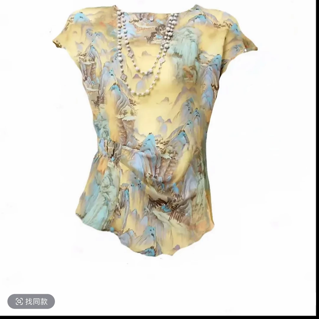 2025夏季新款气质优雅时尚山水画印花收腰褶皱上衣