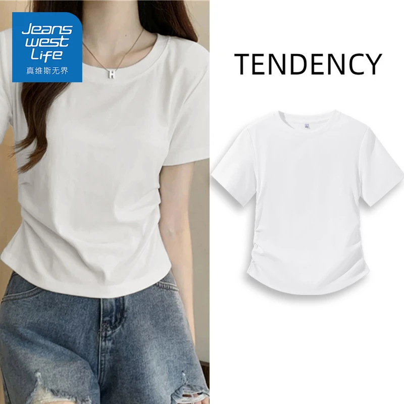 真维斯无界夏季纯白纯欲风穿搭小个子必备女抽褶正肩紧身短T恤女