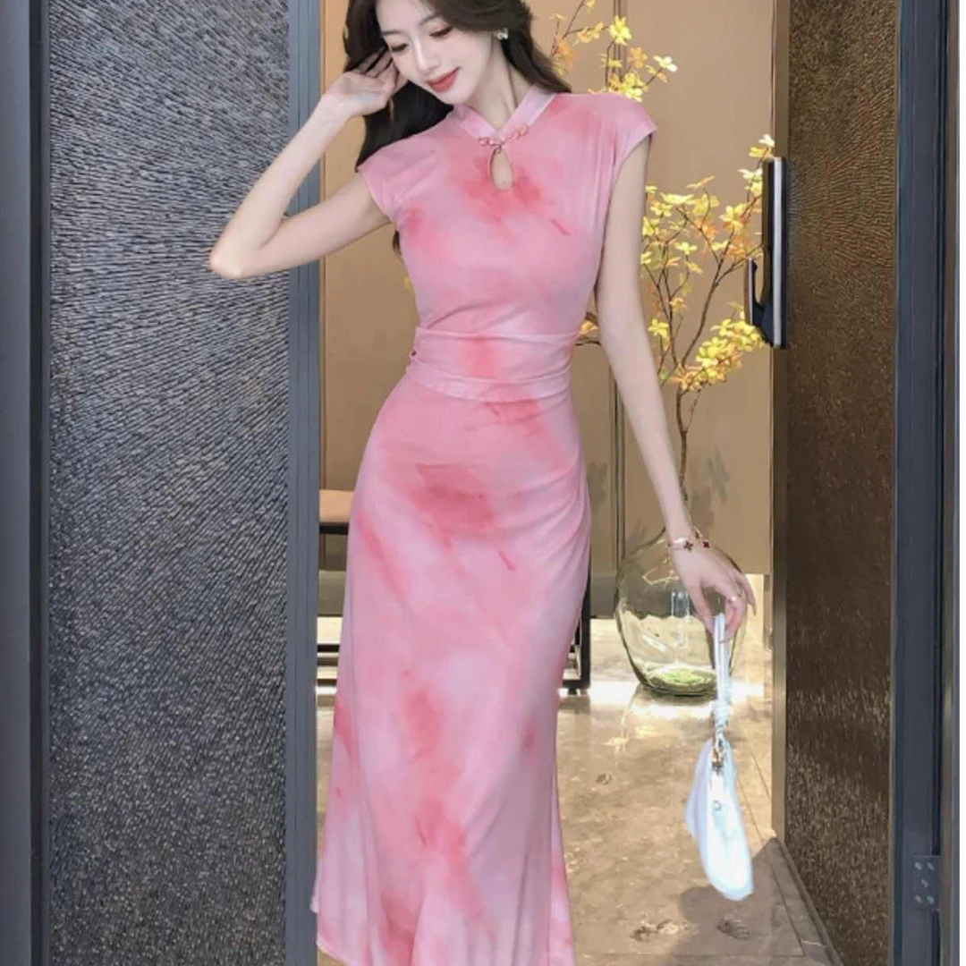 新中式改良旗袍日常可穿夏季女装粉色气质名媛修身显瘦长款连衣裙