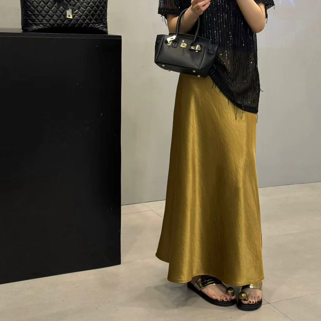 25年夏季新款A字裙侧拉链松紧腰奢华缎面高腰显瘦百搭鱼尾裙625