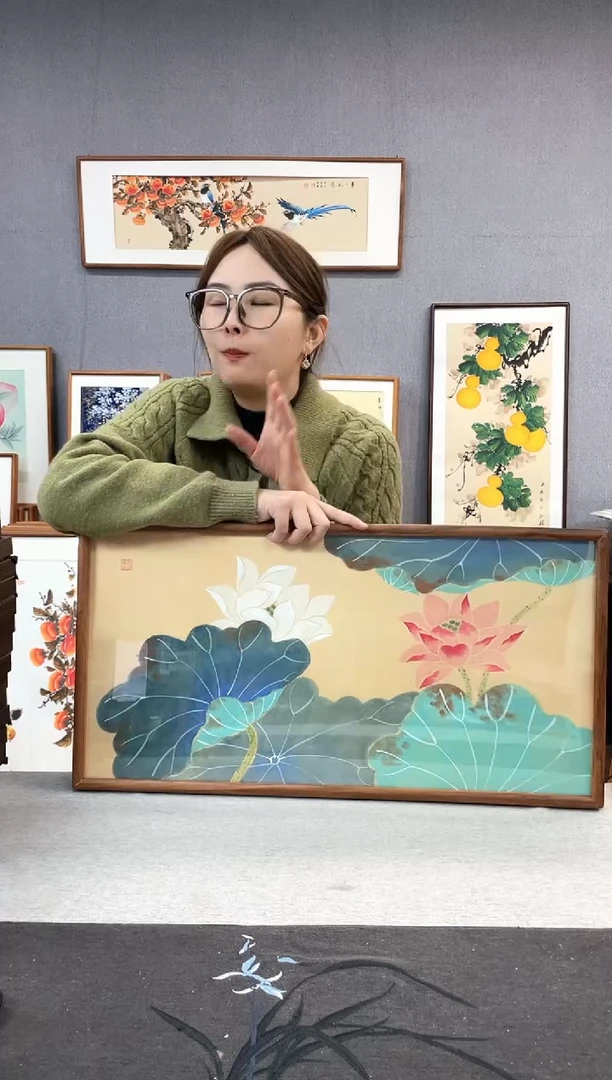 【闪购商品】国画唐以宁-纯手绘带框作品-35*68-荷花