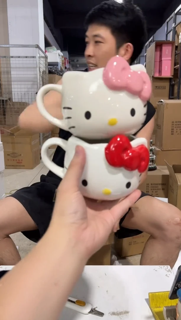 瓷片红色加粉色蝴蝶结kt头杯2件套微瑕