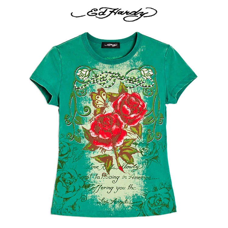 EdHardy/埃德哈迪玫瑰花系列美式潮流短袖小众女装E1QBW400
